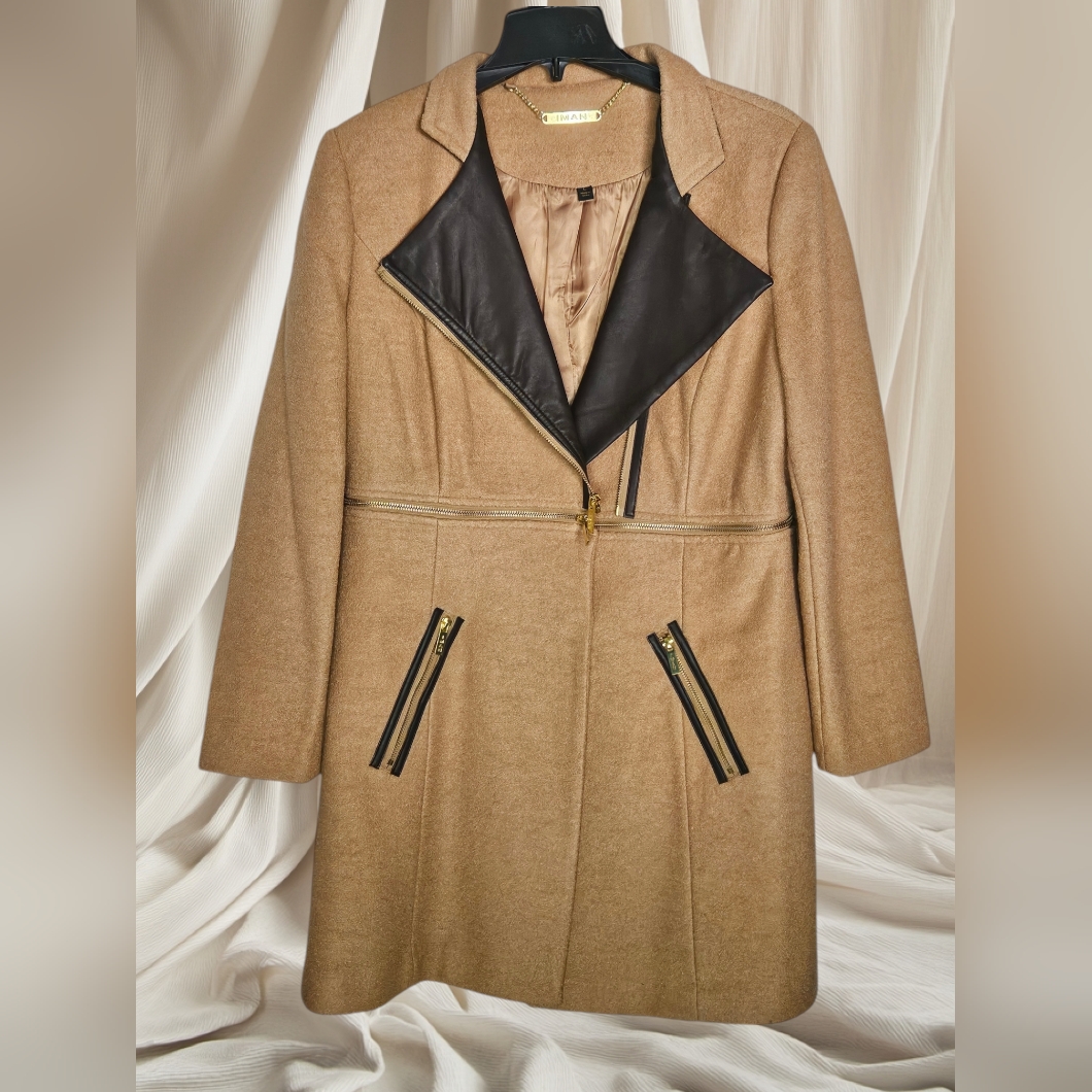 Iman Dark Brown Faux Leather/Tweed Convertible Long Or Cropped Jacket- Sz-L